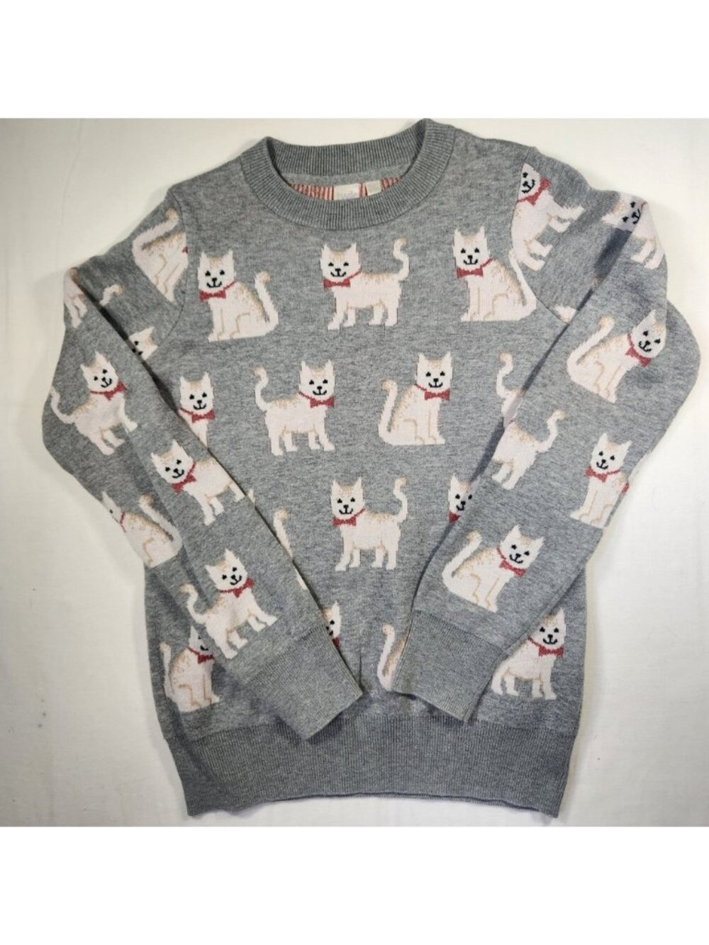 Twik Simons Gray Cat‎ Print Bow Tie Intarsia Knit Crewneck Sweater Womens XS